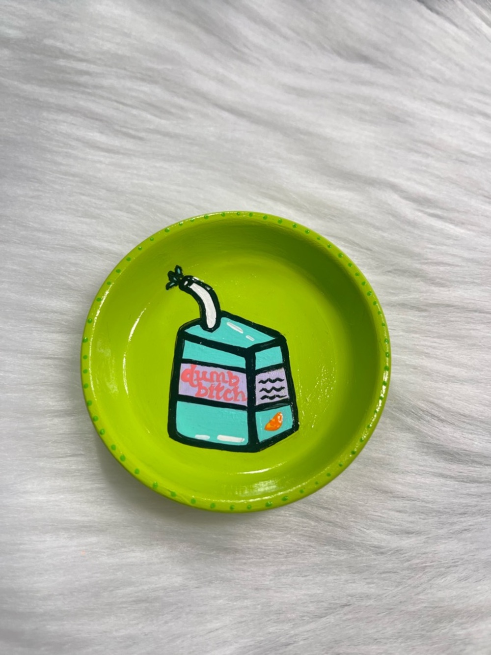 Hand-Painted Lime Green Trinket Dish with Juice Carton Design